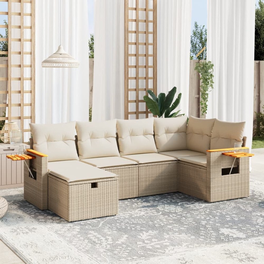 vidaXL Soffgrupp för trädgården med dynor 6 delar beige konstrotting