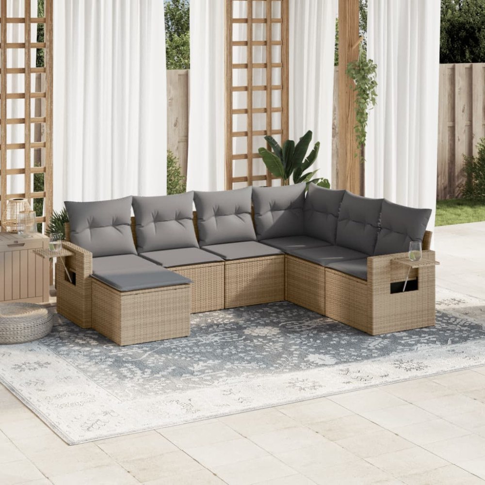 vidaXL Matgrupp för trädgården med dynor 7 delar beige konstrotting