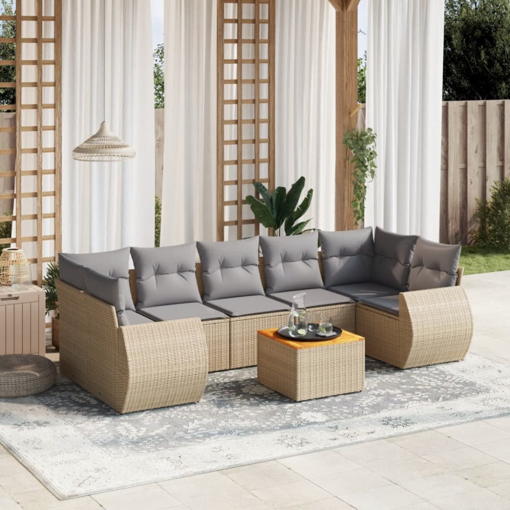 vidaXL Matgrupp för trädgården med dynor 8 delar beige konstrotting