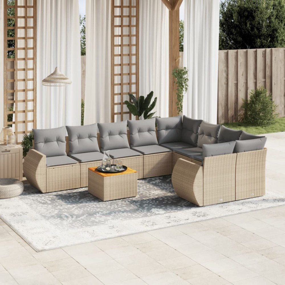 vidaXL Soffgrupp för trädgården med dynor 9 delar beige konstrotting