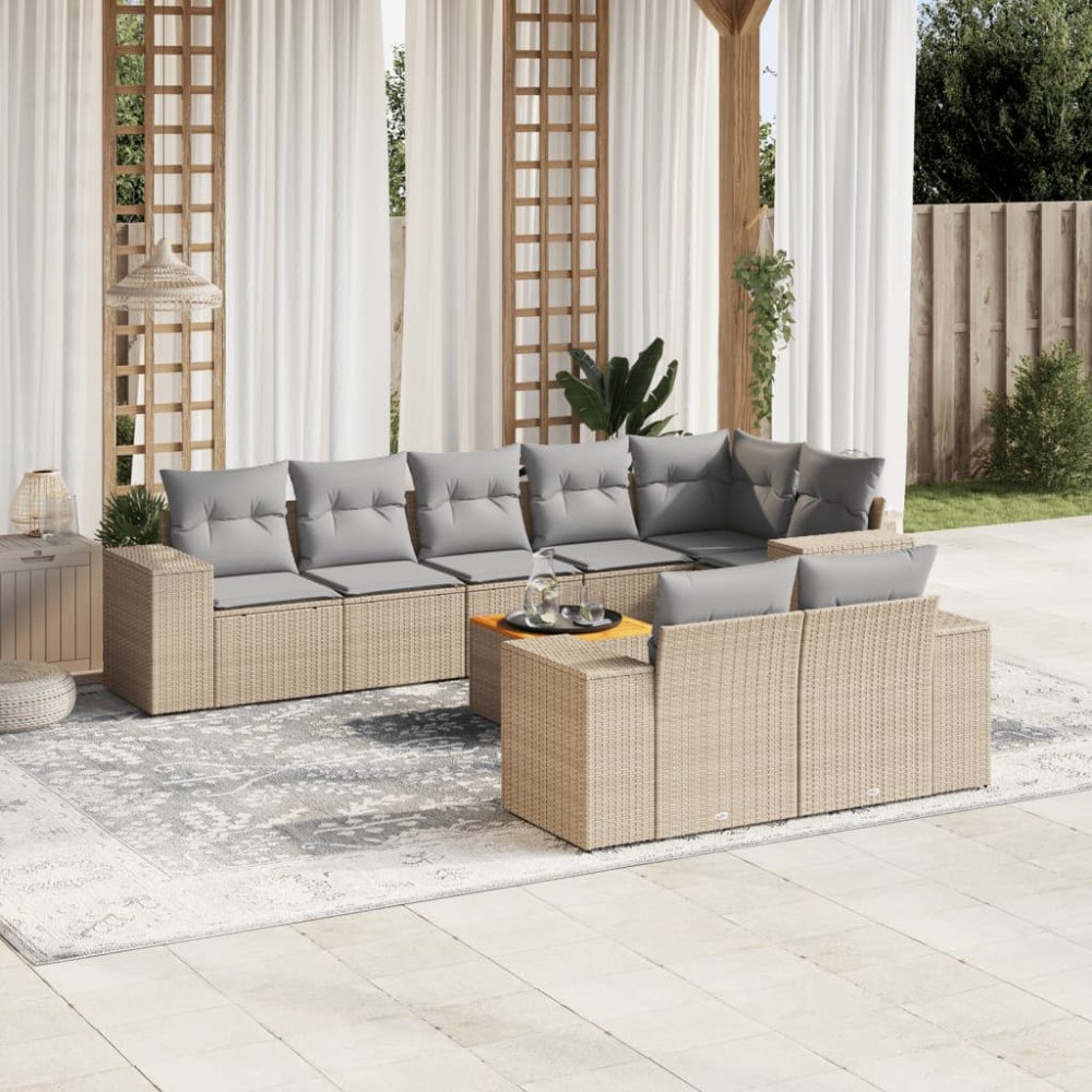 vidaXL Soffgrupp för trädgården med dynor 9 delar beige konstrotting