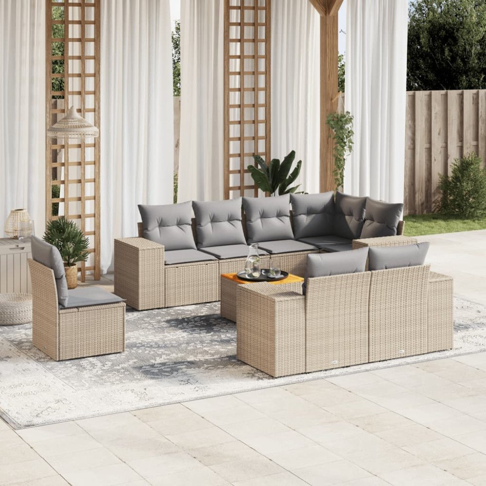 vidaXL Soffgrupp för trädgården med dynor 9 delar beige konstrotting