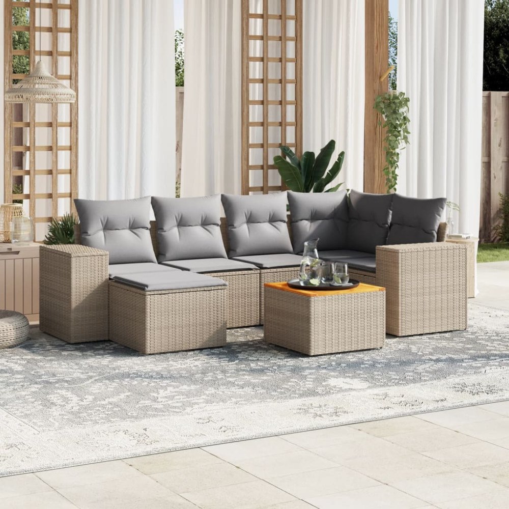 vidaXL Matgrupp för trädgården med dynor 7 delar beige konstrotting