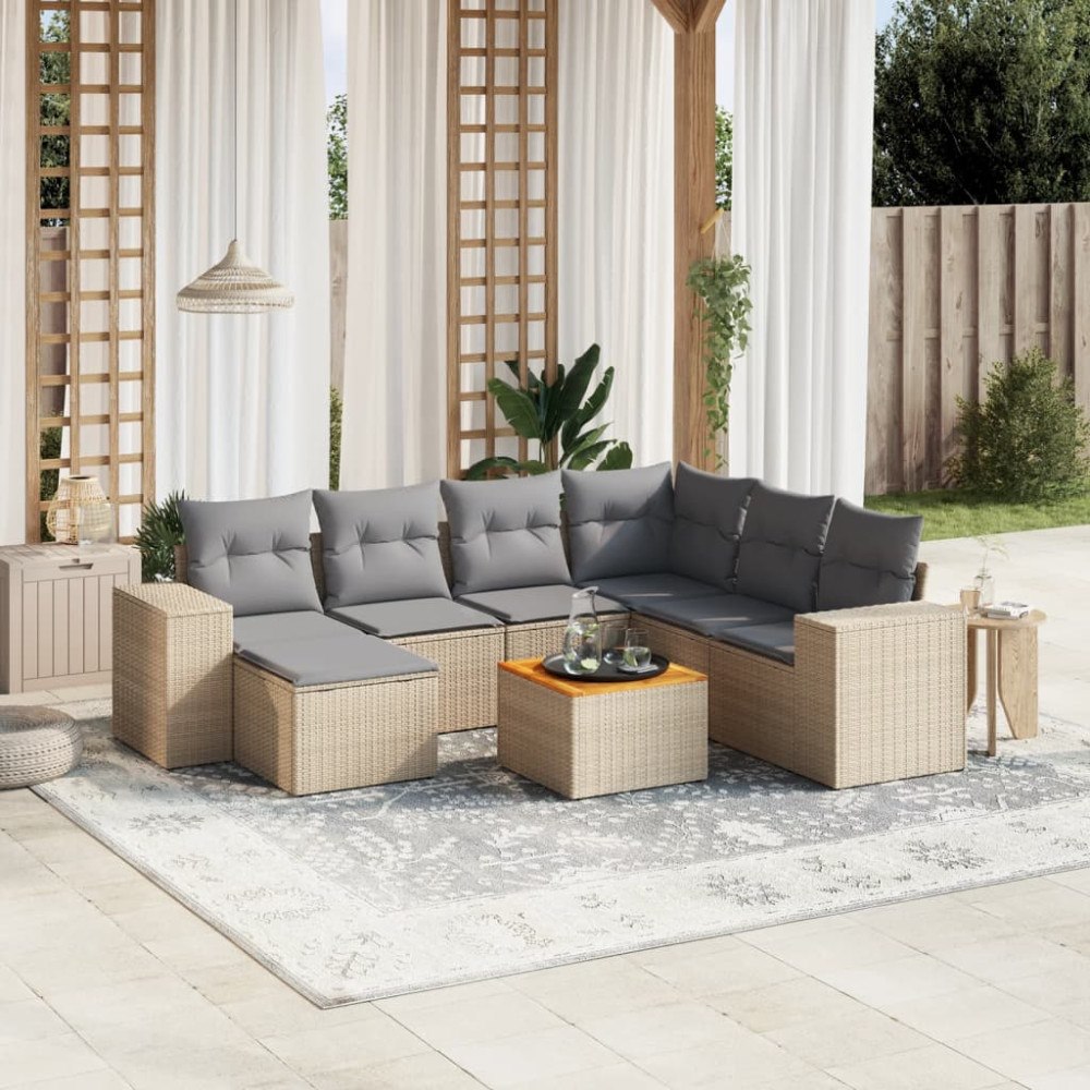 vidaXL Matgrupp för trädgården med dynor 8 delar beige konstrotting