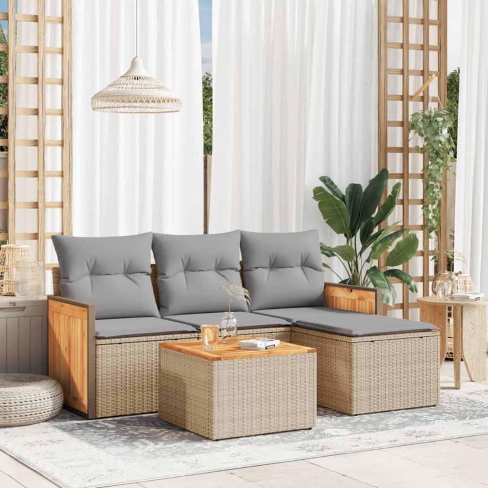 vidaXL Soffgrupp för trädgården med dynor 5 delar beige konstrotting