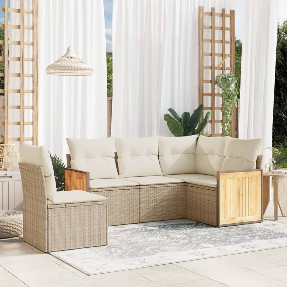 vidaXL Soffgrupp för trädgården med dynor 5 delar beige konstrotting