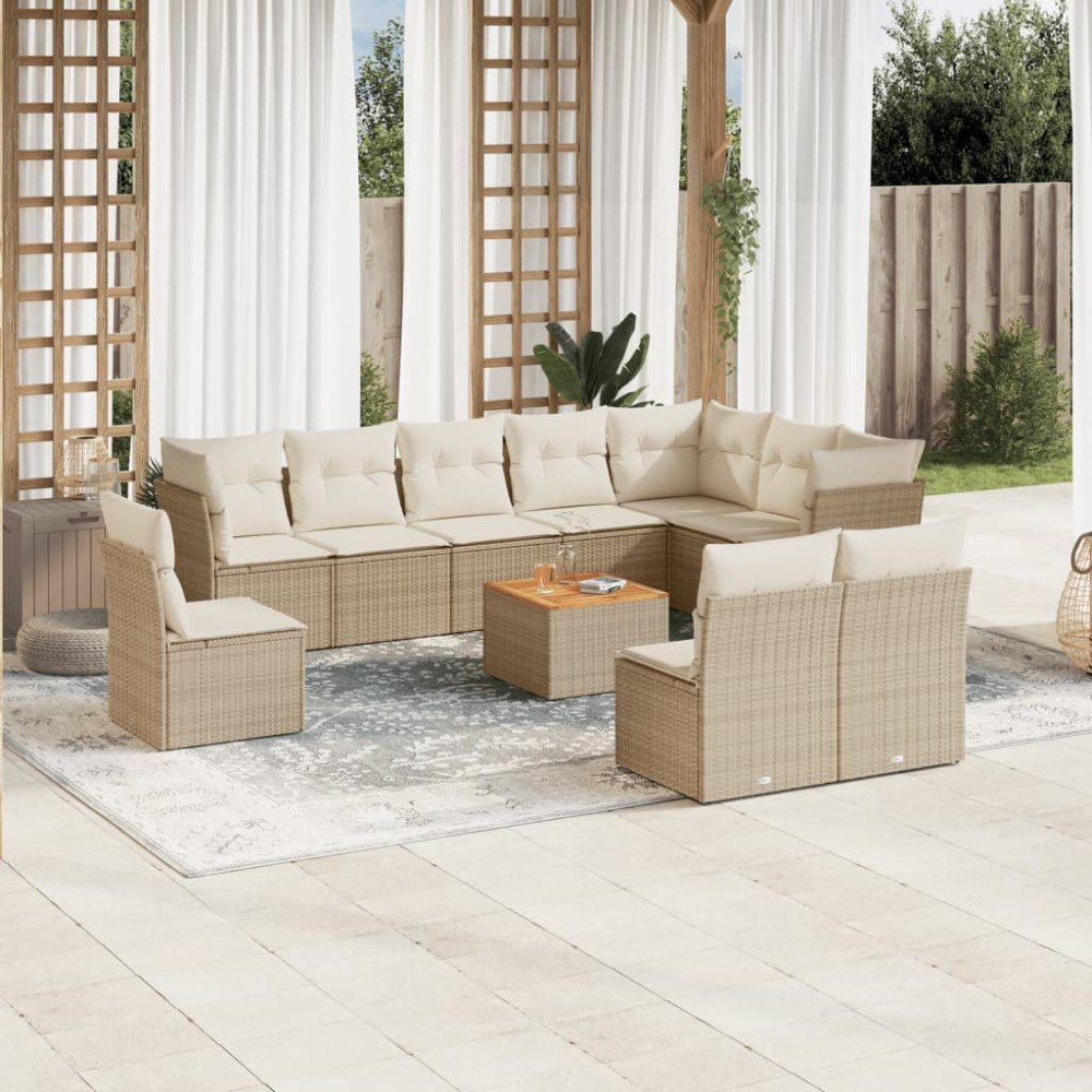 vidaXL Loungegrupp för trädgården m. dynor 11 delar beige konstrotting