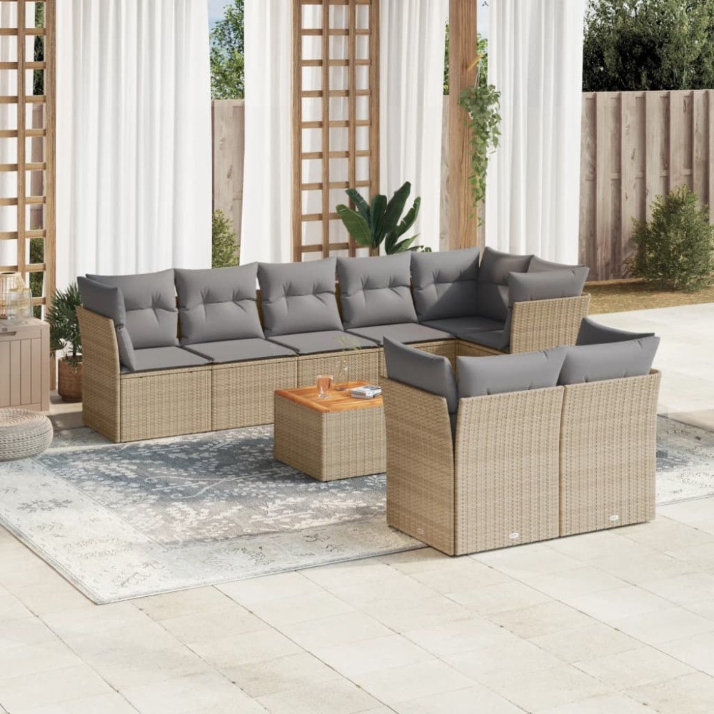 vidaXL Soffgrupp för trädgård med dynor 9 delar mixbeige konstrotting