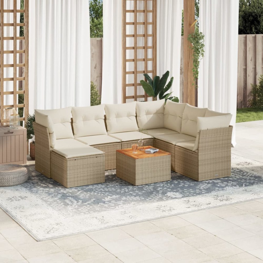 vidaXL Matgrupp för trädgården med dynor 8 delar beige konstrotting