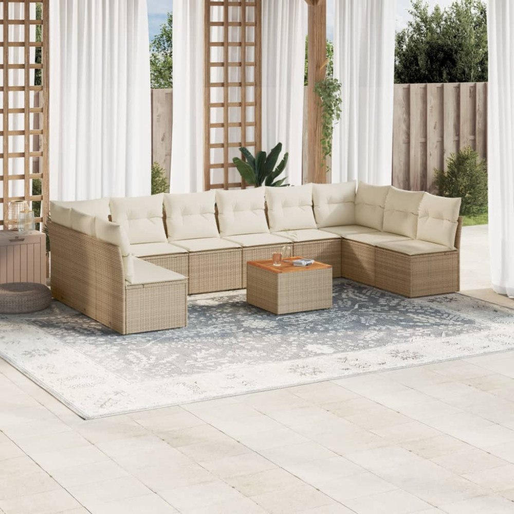 vidaXL Loungegrupp för trädgården m. dynor 11 delar beige konstrotting