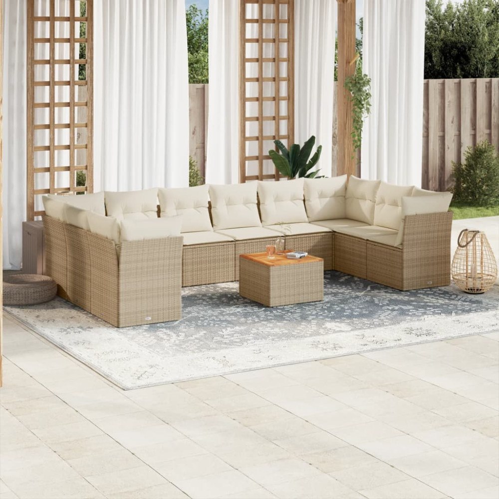vidaXL Loungegrupp för trädgården m. dynor 11 delar beige konstrotting