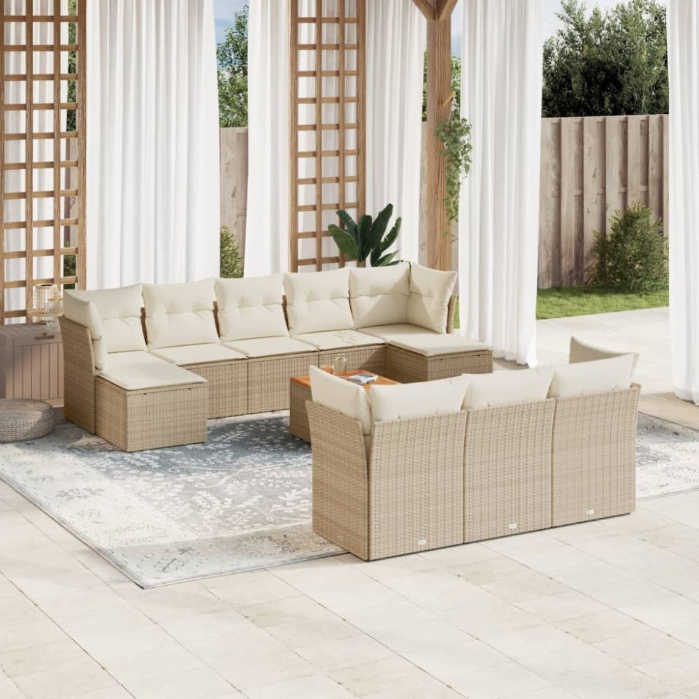 vidaXL Loungegrupp för trädgården m. dynor 11 delar beige konstrotting