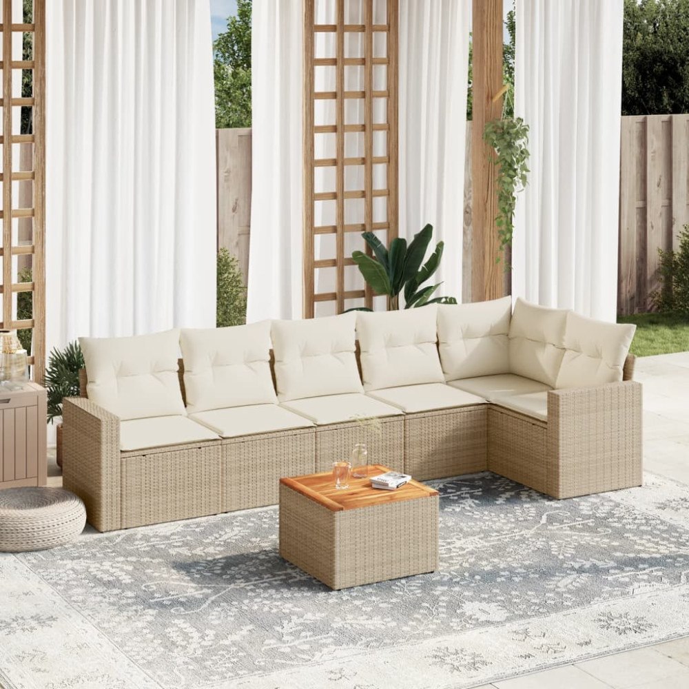 vidaXL Matgrupp för trädgården med dynor 7 delar beige konstrotting