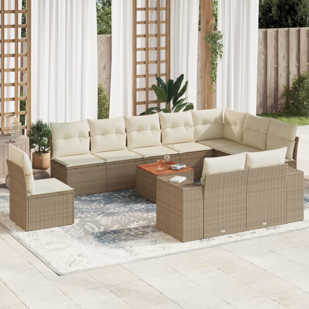 vidaXL Loungegrupp för trädgården m. dynor 11 delar beige konstrotting