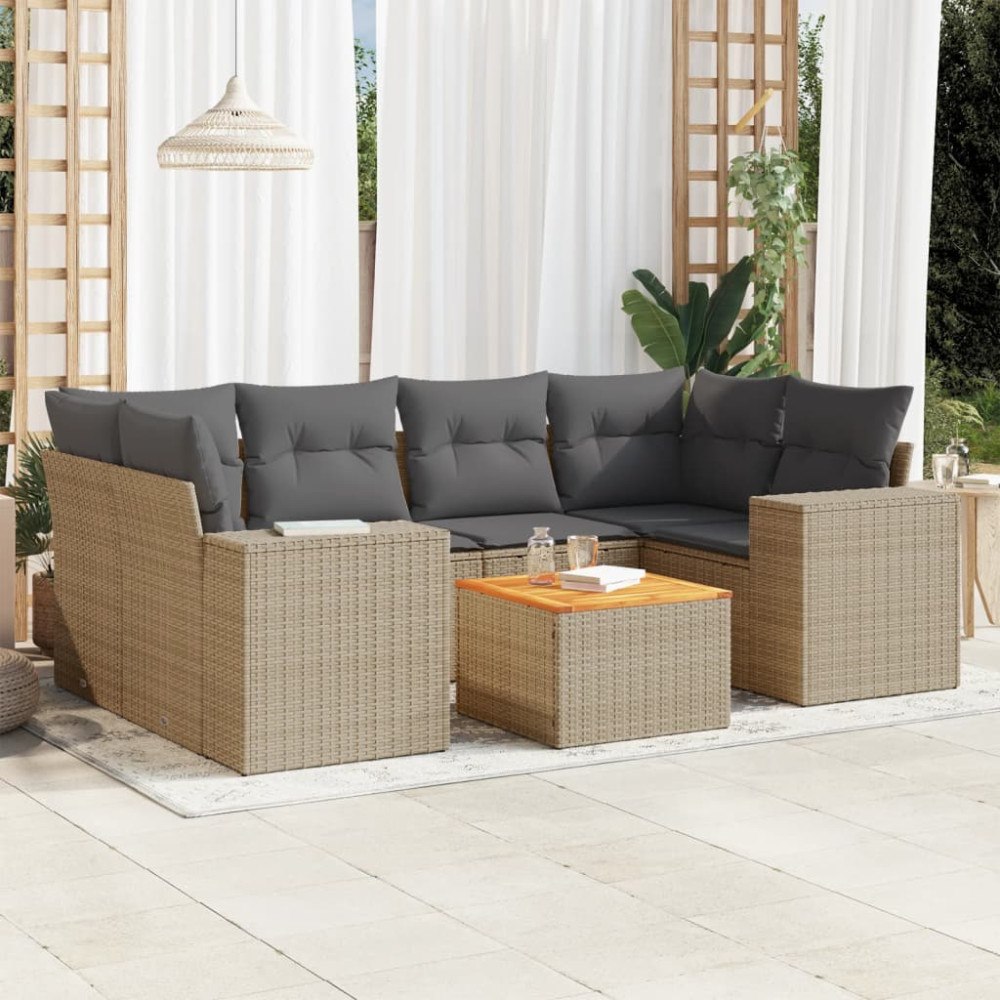 vidaXL Matgrupp för trädgården med dynor 7 delar beige konstrotting