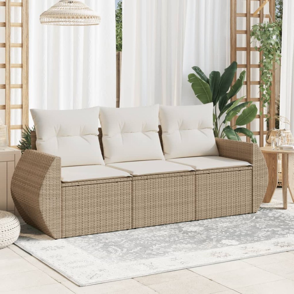 vidaXL Soffgrupp för trädgården 3 delar med dynor beige konstrotting