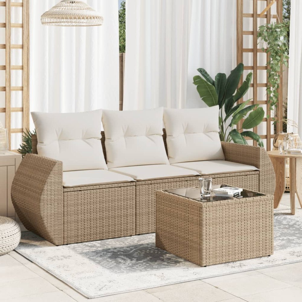 vidaXL Soffgrupp för trädgård med dynor 4 delar beige konstrotting
