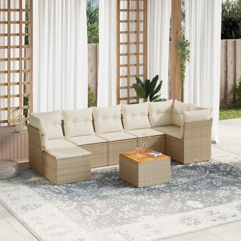 vidaXL Matgrupp för trädgården med dynor 8 delar beige konstrotting