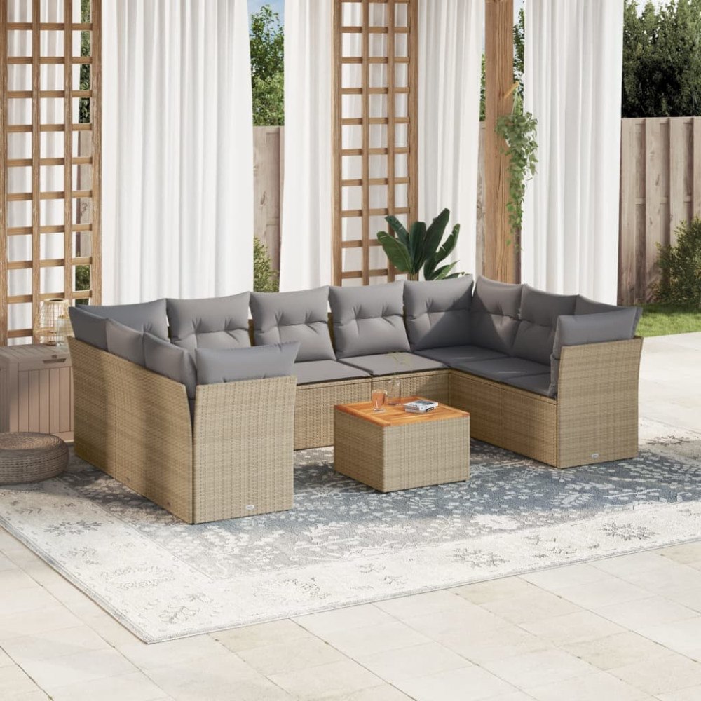 vidaXL Soffgrupp för trädgård med dynor 10 delar beige konstrotting