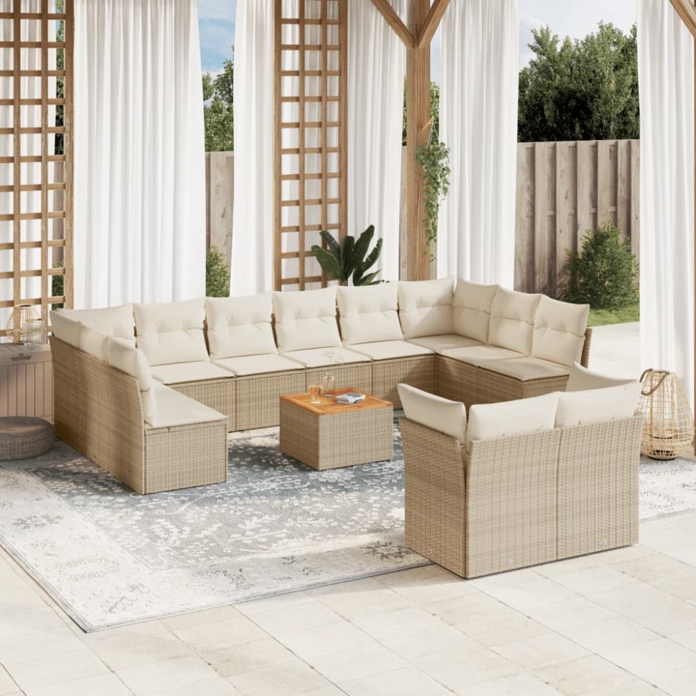 vidaXL Soffgrupp för trädgården med dynor 13 delar beige konstrotting