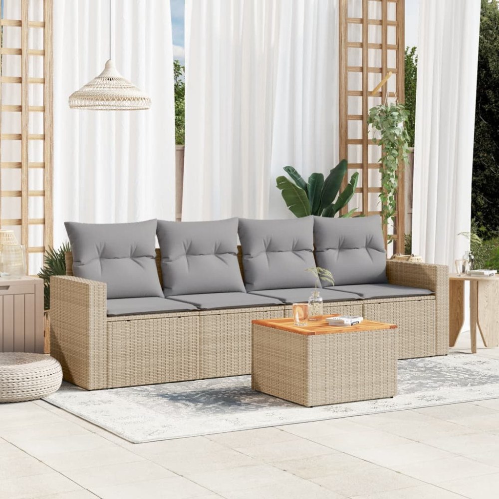 vidaXL Soffgrupp för trädgården med dynor 5 delar beige konstrotting