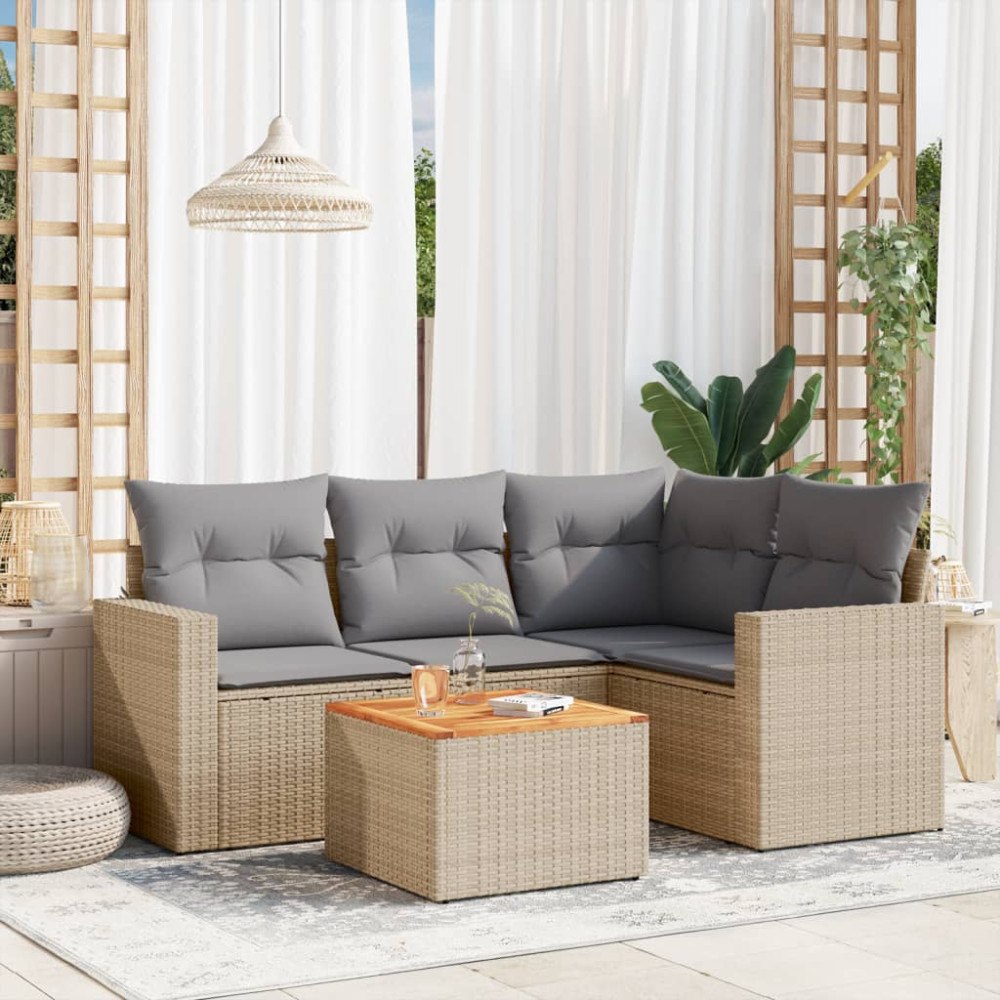 vidaXL Soffgrupp för trädgården med dynor 5 delar beige konstrotting