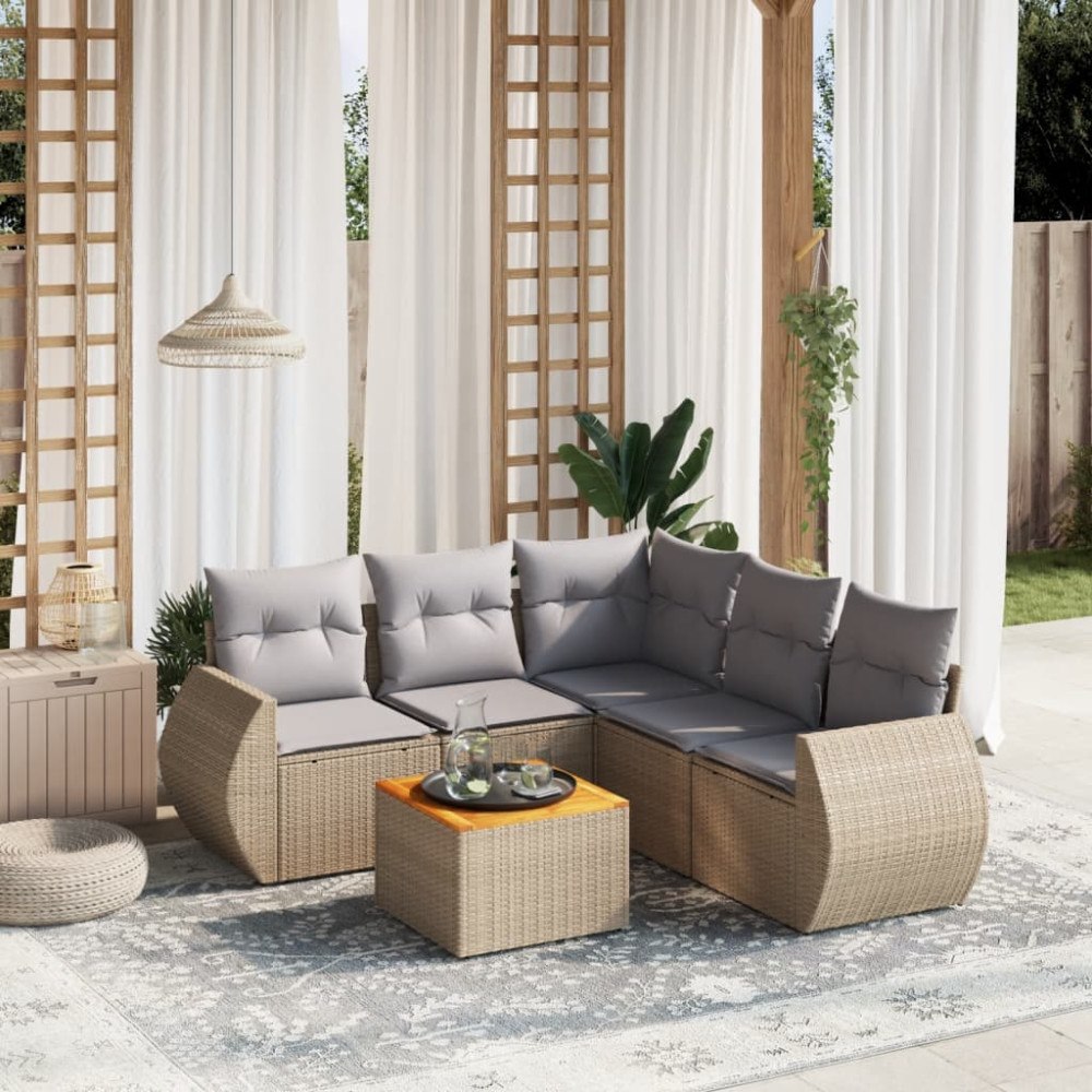 vidaXL Soffgrupp för trädgården med dynor 6 delar beige konstrotting