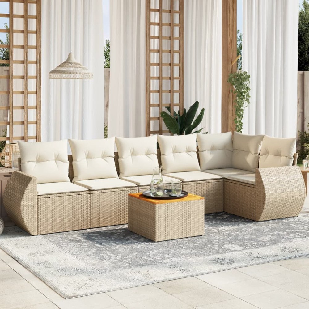 vidaXL Matgrupp för trädgården med dynor 7 delar beige konstrotting