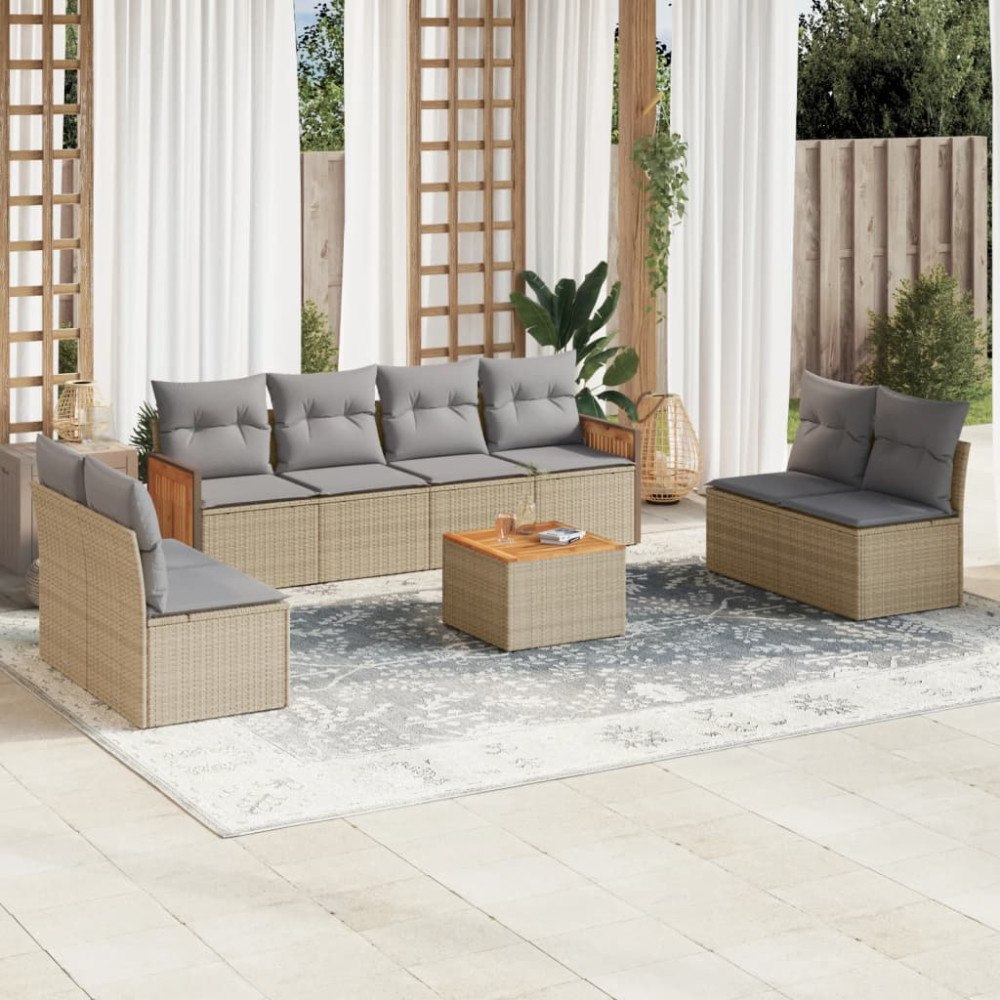 vidaXL Soffgrupp för trädgården med dynor 9 delar beige konstrotting