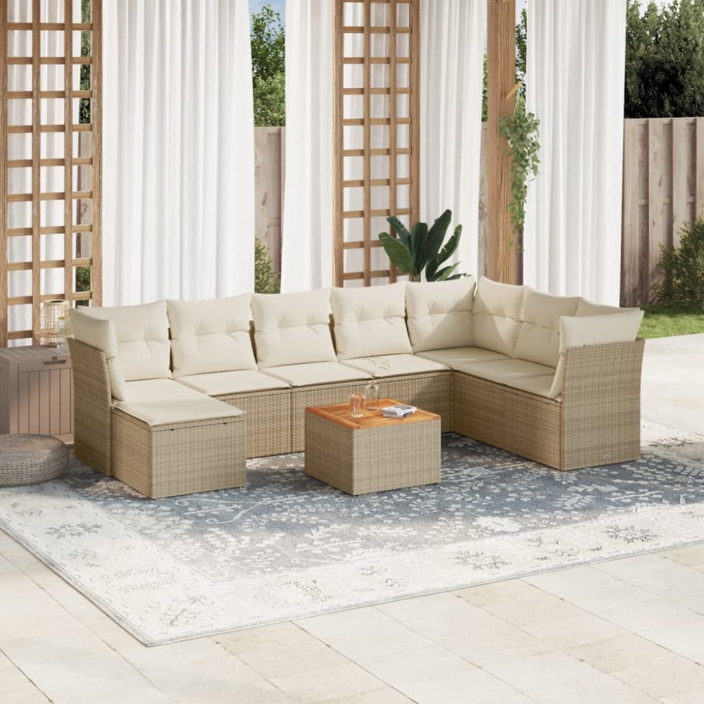 vidaXL Soffgrupp för trädgården med dynor 9 delar beige konstrotting