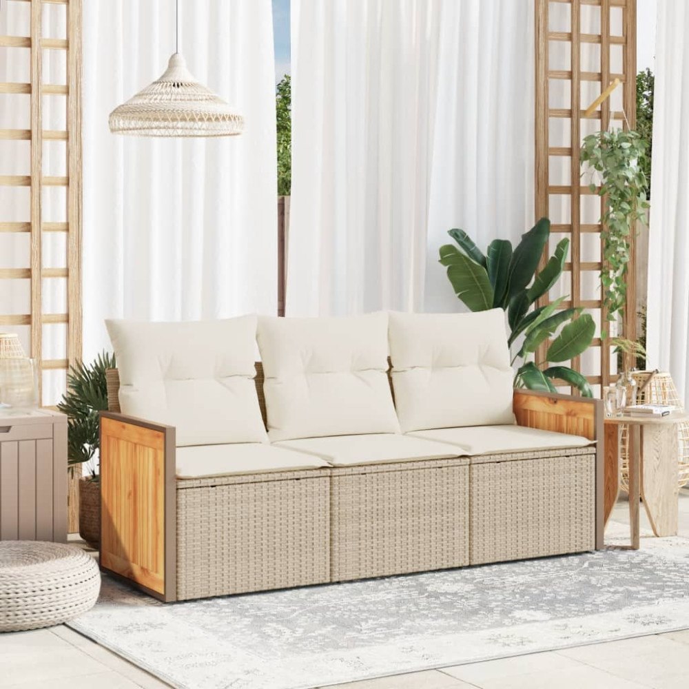 vidaXL Soffgrupp för trädgården 3 delar med dynor beige konstrotting
