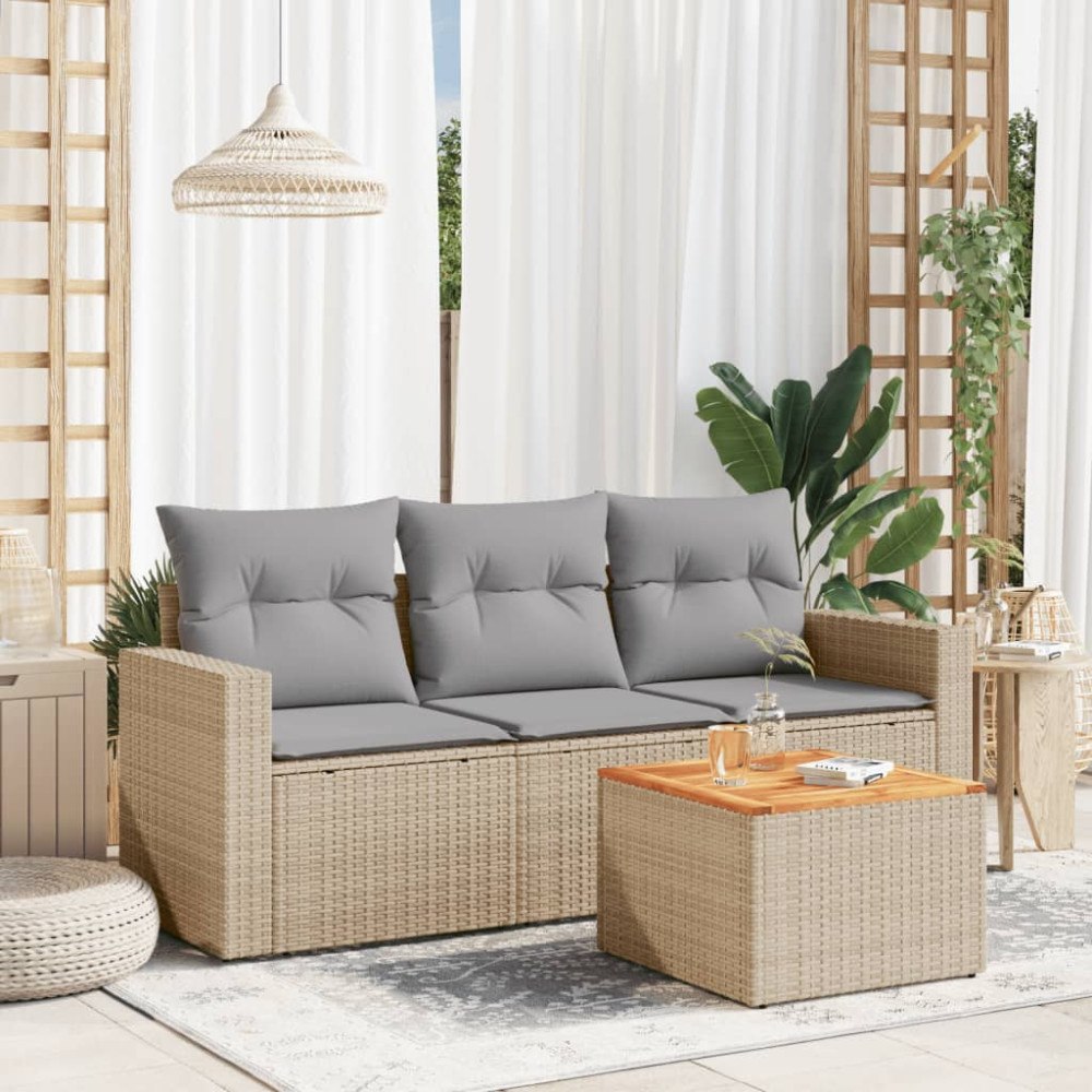 vidaXL Soffgrupp för trädgård med dynor 4 delar beige konstrotting