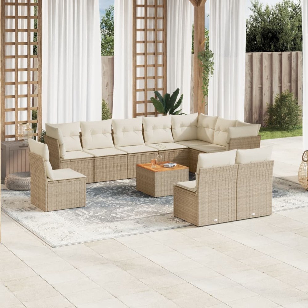 vidaXL Loungegrupp för trädgården m. dynor 11 delar beige konstrotting