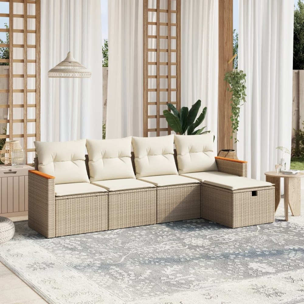 vidaXL Soffgrupp för trädgården med dynor 5 delar beige konstrotting