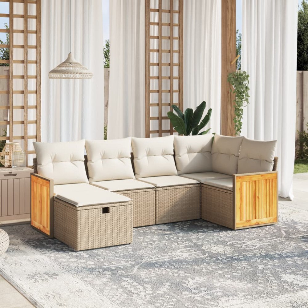 vidaXL Soffgrupp för trädgården med dynor 6 delar beige konstrotting