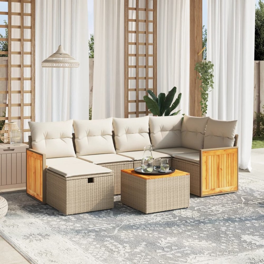 vidaXL Matgrupp för trädgården med dynor 7 delar beige konstrotting