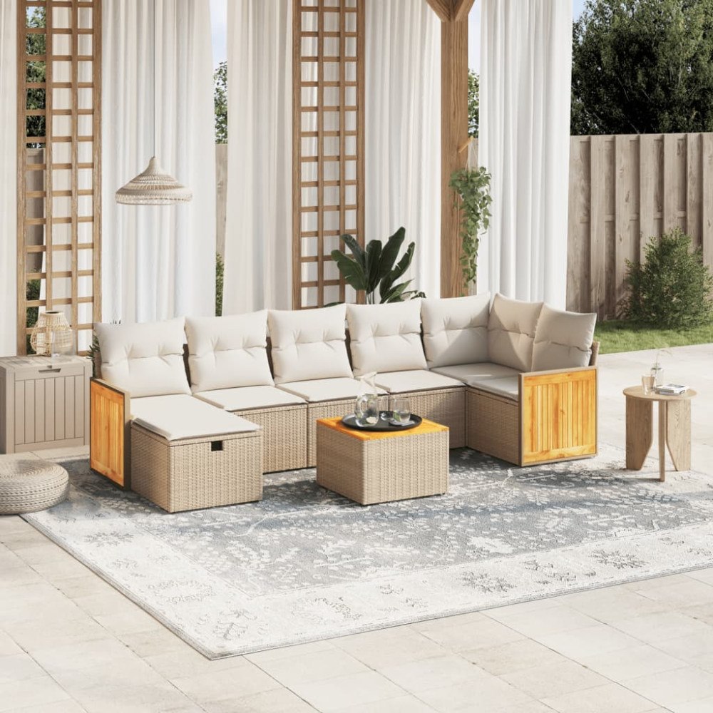 vidaXL Matgrupp för trädgården med dynor 8 delar beige konstrotting
