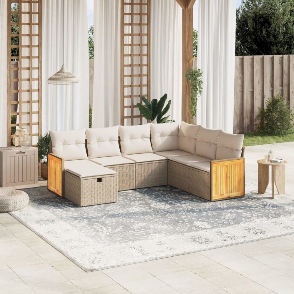 vidaXL Matgrupp för trädgården med dynor 7 delar beige konstrotting