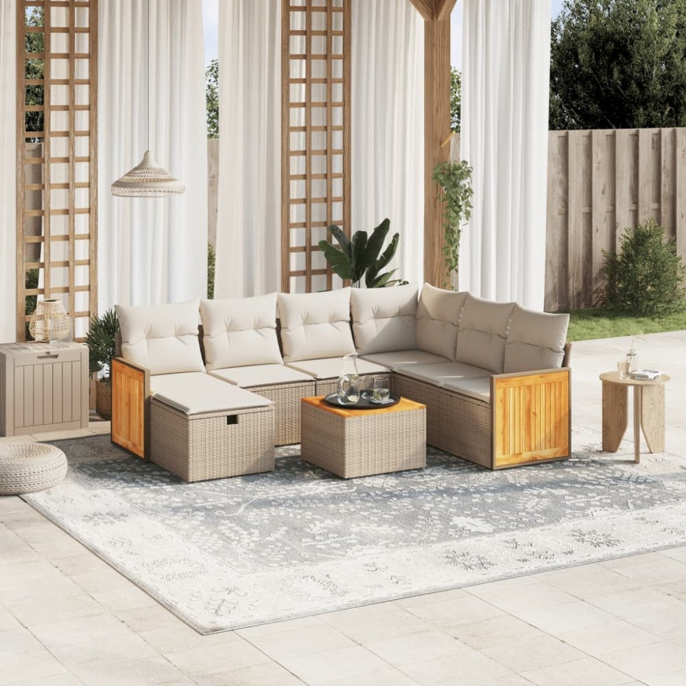 vidaXL Matgrupp för trädgården med dynor 8 delar beige konstrotting