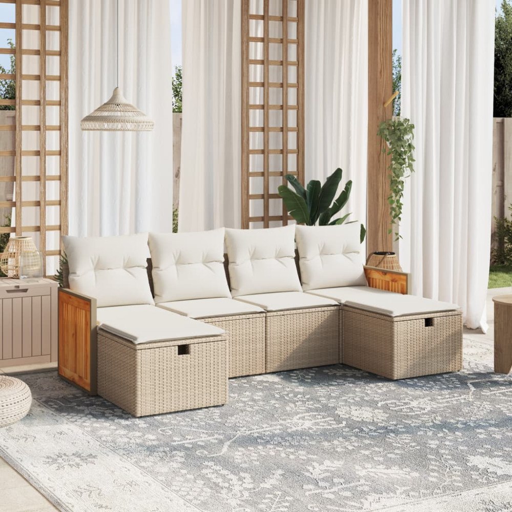 vidaXL Soffgrupp för trädgården med dynor 6 delar beige konstrotting