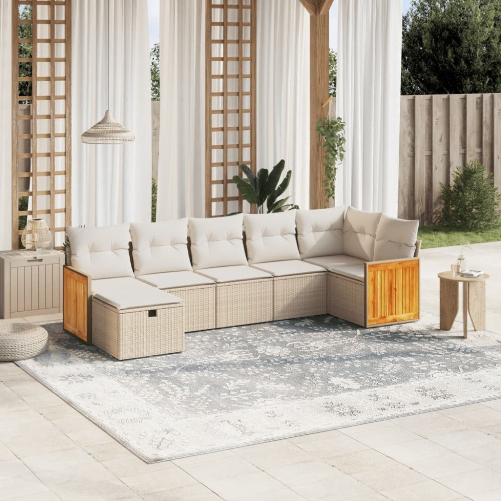 vidaXL Matgrupp för trädgården med dynor 7 delar beige konstrotting