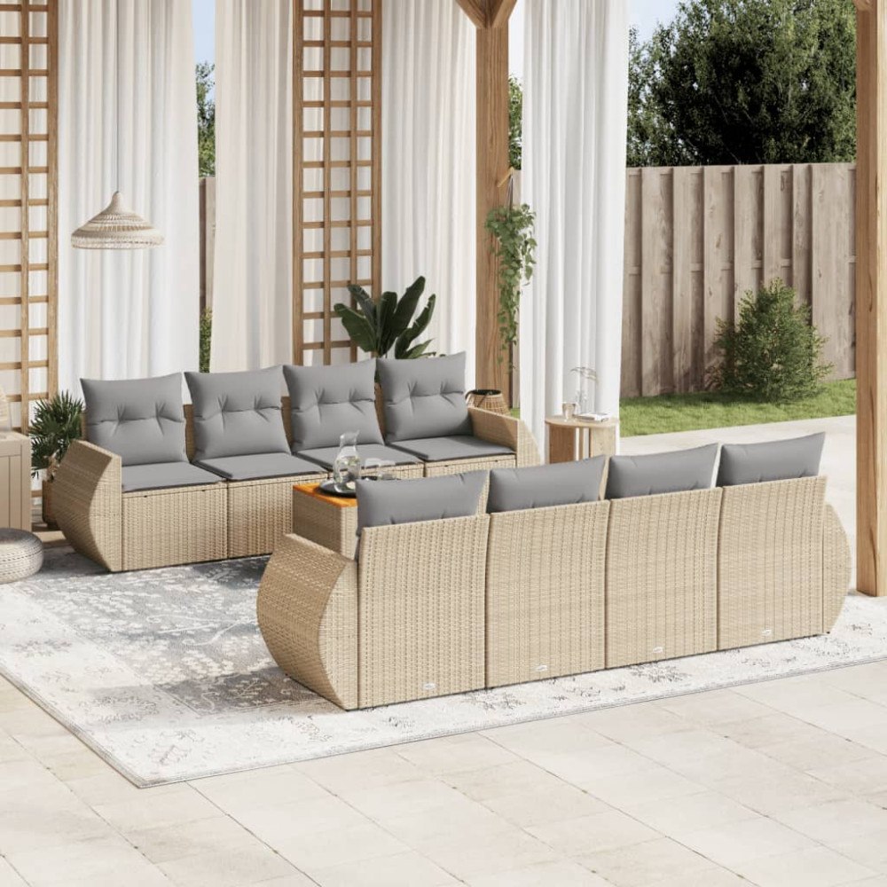 vidaXL Soffgrupp för trädgården med dynor 9 delar beige konstrotting