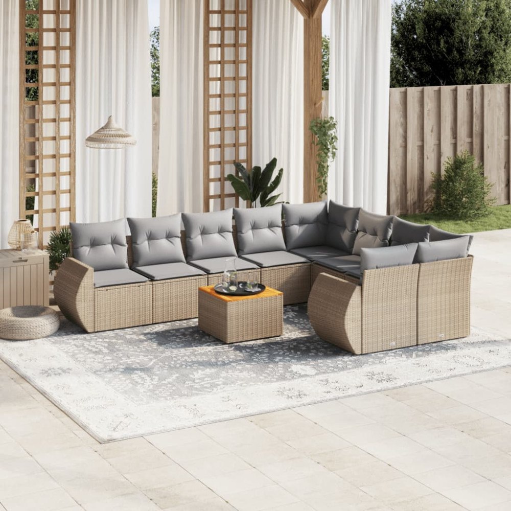 vidaXL Soffgrupp för trädgård med dynor 10 delar beige konstrotting
