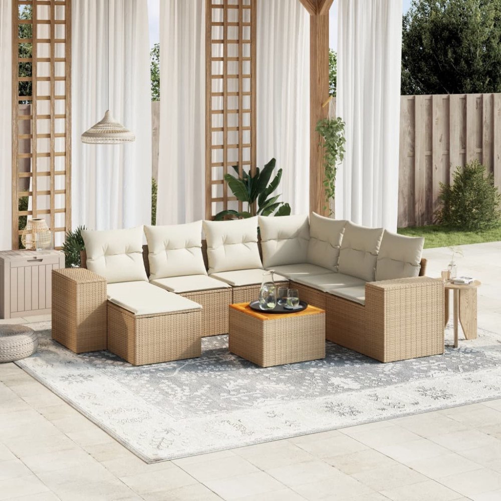 vidaXL Matgrupp för trädgården med dynor 8 delar beige konstrotting