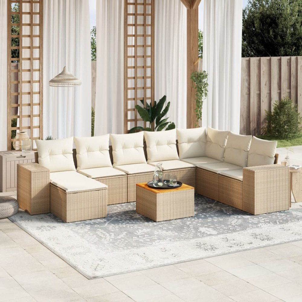 vidaXL Soffgrupp för trädgården med dynor 9 delar beige konstrotting