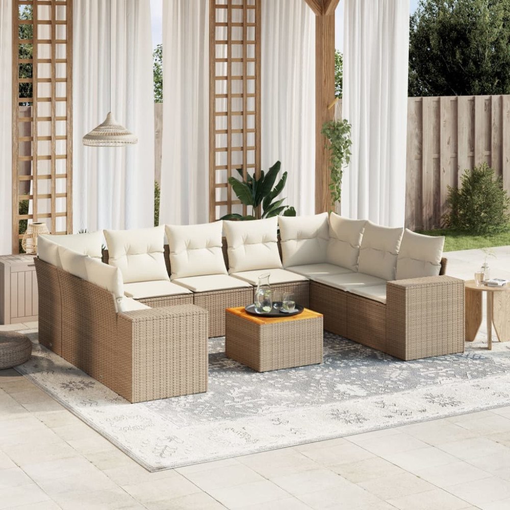 vidaXL Soffgrupp för trädgård med dynor 10 delar beige konstrotting