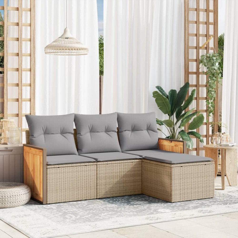 vidaXL Soffgrupp för trädgård med dynor 4 delar beige konstrotting