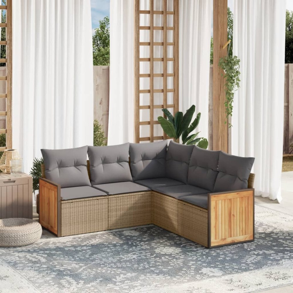 vidaXL Soffgrupp för trädgården med dynor 5 delar beige konstrotting