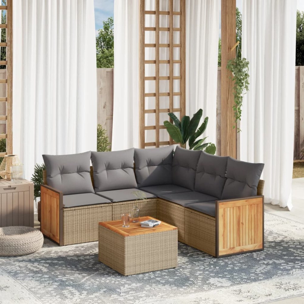 vidaXL Soffgrupp för trädgården med dynor 6 delar beige konstrotting