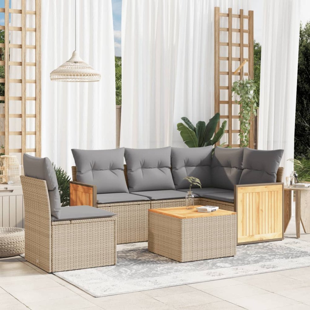 vidaXL Soffgrupp för trädgården med dynor 6 delar beige konstrotting